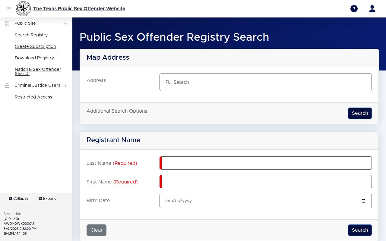 Irion County sex offender lookup on the Texas DPS registry search